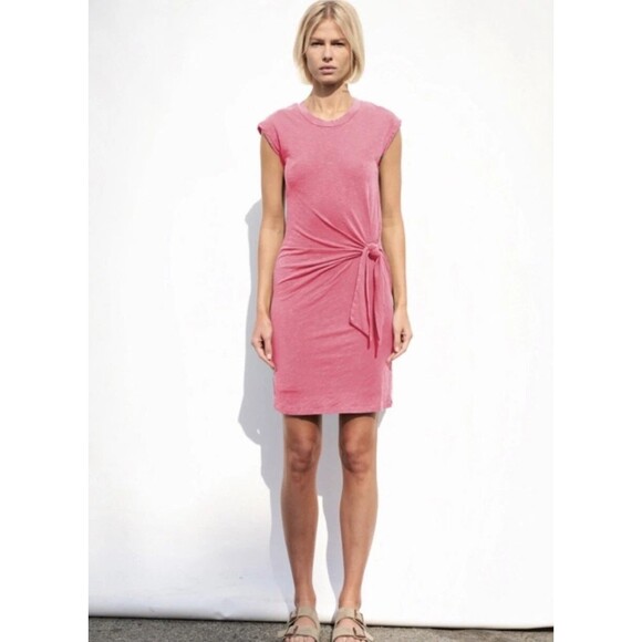 Sundry Size S Side Tie Jersey Dress Short Cap Sleeve Stretch Green Yellow - Picture 2 of 12